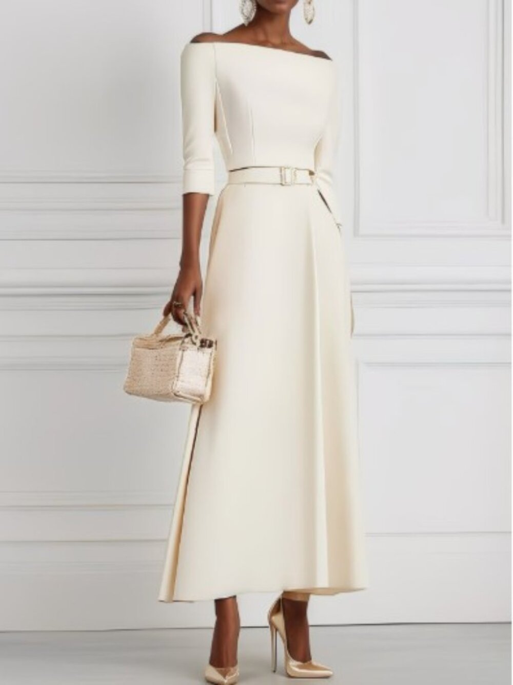 Elegant Woman's A-Line Maxi Dress, Cream colored Off-The-Shoulder 3/4 sleeve